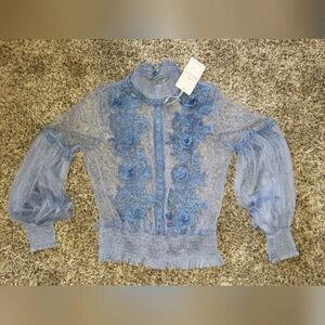 Irococo| NWT| Elegant Sheer Floral Embroidered Lace Puffy Sleeve Top